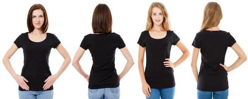 T-shirt set. Front and rear Brunette and Blonde in black t shirt isolated on white background. Two girl in blank shirt, Mock up, Collage, Copy space, Template photo