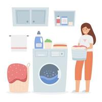 Happy woman doing laundry at home vector