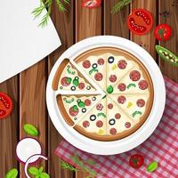 Salami cheese pizza on wooden table vector
