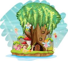 Fantasy tree house inside tree trunk with fairies vector