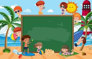 Empty blackboard with children at tropical beach scene vector