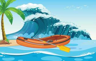 Beach scene with inflatable boat on sea wave vector