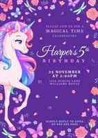 Plantilla de vector de invitación de cumpleaños de fiesta de unicornio con mariposas y flores sobre fondo violeta oscuro