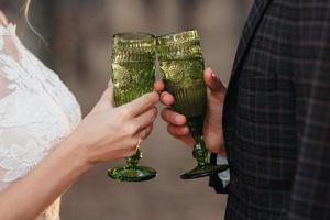 walk of the bride and groom through the autumn forest photo