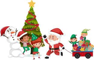 santa claus con niños felices y árbol de navidad vector