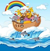 Animals on Noah's ark floating in the ocean scene vector