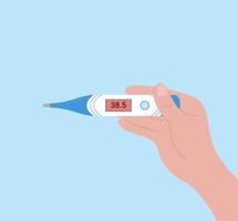 Hand holds thermometer. Electronic device shows high body temperature. Person got sick and has fever. Vector top view flat illustration