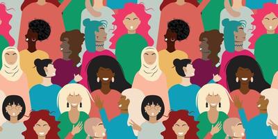 People pattern. Diverse female faces. Colourful seamless pattern with women. For textile, paper, print, packaging. Diversity concept. Vector pattern.