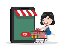 Mujer con carrito de compras se apresura a comprar en la tienda online vector