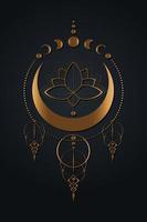Mystical Moon Phases, Lotus Flower, Sacred geometry. Gold sign, half moon pagan Wiccan goddess symbol, silhouette wicca banner sign, energy circle, boho style vector isolated on black background