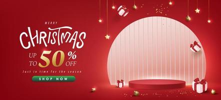 banner de promoción de venta de feliz navidad con exhibición de productos y decoración festiva fondo rojo vector