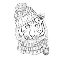 Hand - drawn portrait of a New Year tiger in a scarf and a knitted hat. Vector illustration. Vintage line sketch. Christmas illustration.