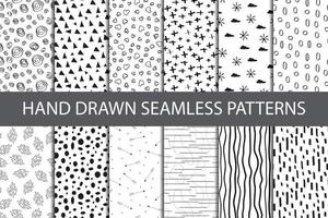 Set of seamless abstract hand-drawn seamless patterns. Doodle patterns. Black and white backgrounds. For textile, paper, packaging. wallpaper. vector