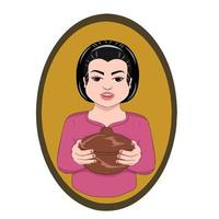 Woman holding clay bowl, traditional javanese style fashion with hair bun, called Mbok. vector