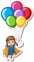 Sticker template with a girl holding many balloons isolated vector