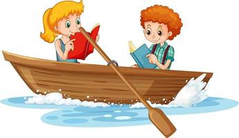 par de niños leyendo libros en barco de madera vector