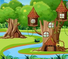 Fantasy forest background with tree houses vector