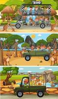 Set of different safari horizontal scenes with animals and kids cartoon character vector