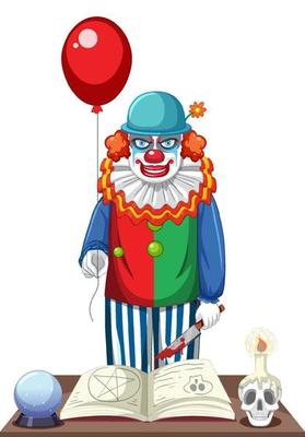 Creepy clown holding balloon on white background