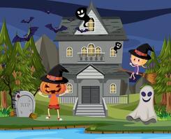 Scene with halloween haunted mansion at night vector