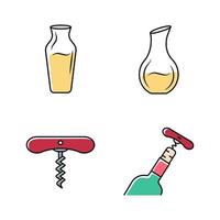 White wine icons set. Different types of decanters. Corkscrew, bottle opening tools. Barman equipment. Alcohol beverage, aperitif drink. Bar, restaurant tableware. Isolated vector illustrations