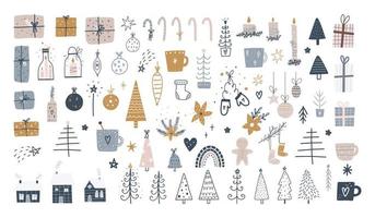 Big collection of Christmas and Happy New Year symbols. Trendy hand drawn vector illustration for posters and greeting card. Vector design templates.