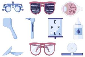 Set ophthalmology equipment, glasses and eye drops, icons in a flat style isolated on a white background. vector