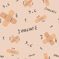 Seamless pattern of adhesive bandage, text and abstract forms in a flat style isolated on a beige background. vector