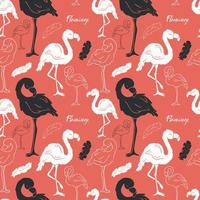 Seamless pattern. Vector .Flamingos. Doodle. Contour bird. Contour. Pink flamingo. Red background. Colorful birds. Words