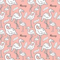 Seamless pattern. Flamingos. Doodle. Contour bird. Contour. Pink flamingo. Words vector