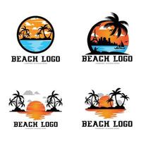 vector beach logo template with sunset, coconut trees, fishing boats, sailboats, and flying birds, ocean waves, retro circle design concept
