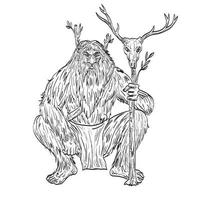 basajaun o señor de los bosques en la mitología vasca en cuclillas con el bastón de dibujo de cráneo de venado vector