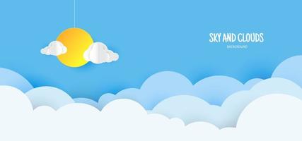 Blue sky background with clouds in paper cut style.