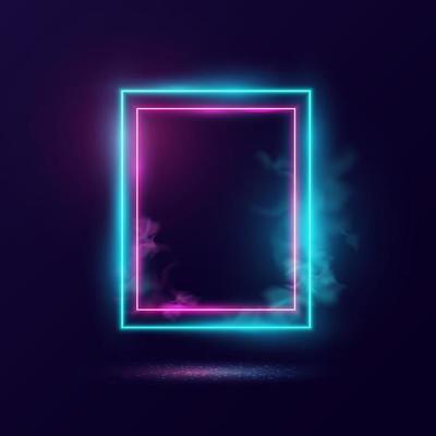 Glowing neon lighting frame with cyan and pink background
