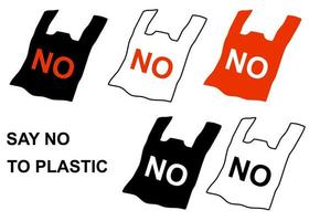 There are various color plastic bag with a word NO isolated on white background. There is a word SAY NO TO PLASTIC at the corner. Concept about recycling, reduces, reuse, environmental and etc. vector