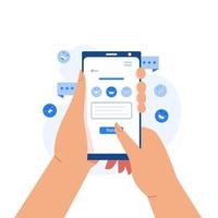 cliente enviando comentarios en el teléfono móvil, manos sosteniendo la revisión en línea del teléfono inteligente vector