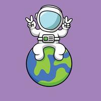 Cute Astronaut  Sitting On Planet With Peace Hand Illustration vector