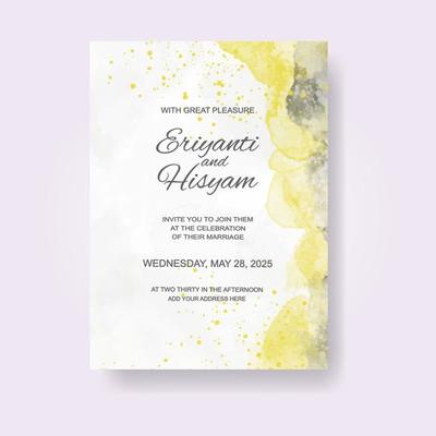 Watercolor wedding invitation card. Beautiful wedding card watercolor with splash.