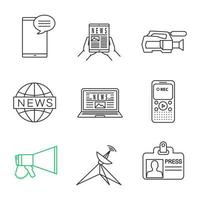 Mass media linear icons set. Chat, electronic newspaper, video camera, dictaphone, global news, satellite dish, megaphone, press ID. Thin line contour symbols. Isolated vector outline illustrations