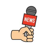 Journalist holding microphone color icon. Interviewing. Television reporting. Isolated vector illustration