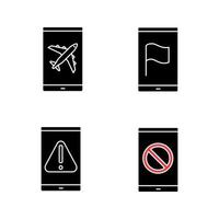 conjunto de iconos de glifo de aplicaciones de teléfonos inteligentes. modo de vuelo, navegador gps, error, sin señal de señal. símbolos de silueta. vector ilustración aislada