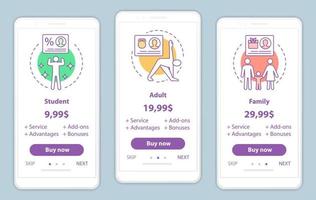 Subscription prices onboarding mobile app screens vector templates. Student, family, adult tariff plans. Walkthrough website pages interface. Gym membership cost. Smartphone payment web page layout