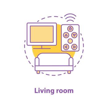 Living room interior concept icon. Room design idea thin line illustration. TV, remote control and sofa. Vector isolated outline drawing