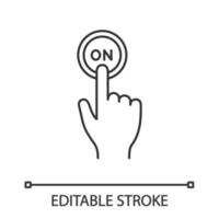 Turn on button click linear icon. Thin line illustration. Power. Hand pressing button. Contour symbol. Vector isolated outline drawing. Editable stroke