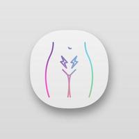 Menstrual cramps and pain app icon. Lower abdominal acute pain in women. Strangury. Infertility. Uterus, ovary disorders. UI UX user interface. Web or mobile application. Vector isolated illustration