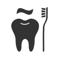 Correct teeth brushing glyph icon. Silhouette symbol. Tooth with toothbrush. Negative space. Vector isolated illustration