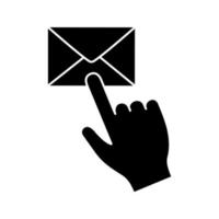 Mail button click glyph icon. SMS. Email app. Messenger. Hand pressing email button. Silhouette symbol. Negative space. Vector isolated illustration