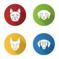 Conjunto de iconos de glifos de larga sombra de diseño plano de razas de perros. yorkshire terrier, labrador retriever, pastor alemán, perro salchicha. ilustración de silueta de vector