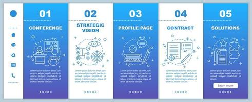 Solutions searching onboarding mobile web pages vector template. Conference, strategic vision, profile page, contract, solutions. Responsive smartphone website interface. Webpage walkthrough screens