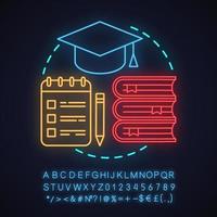 High education neon light concept icon. Gaining knowledge idea. Studying. School, university, college. Glowing sign with alphabet, numbers and symbols. Vector isolated illustration